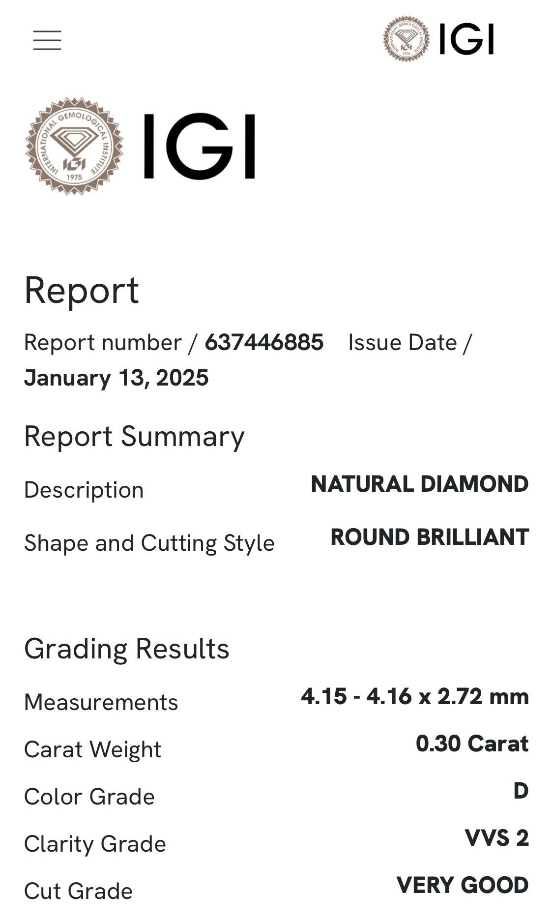 0.30 ct diamond, color D VVS2, IGI certified