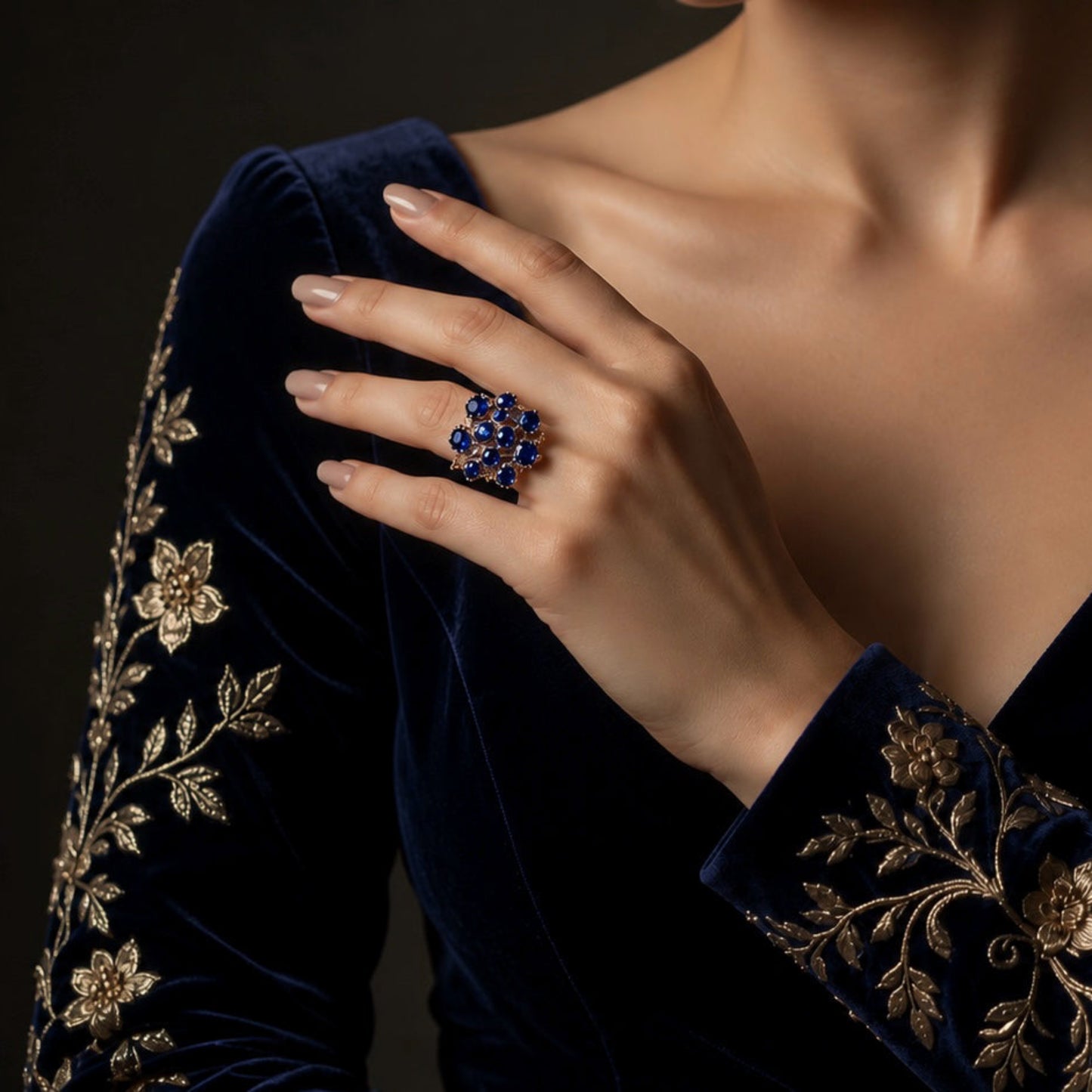 18k gold ring with blue tourmalines, side view, from the Specchi d'Acqua model, Segreti di Corte collection by Carlotta di Montefalco