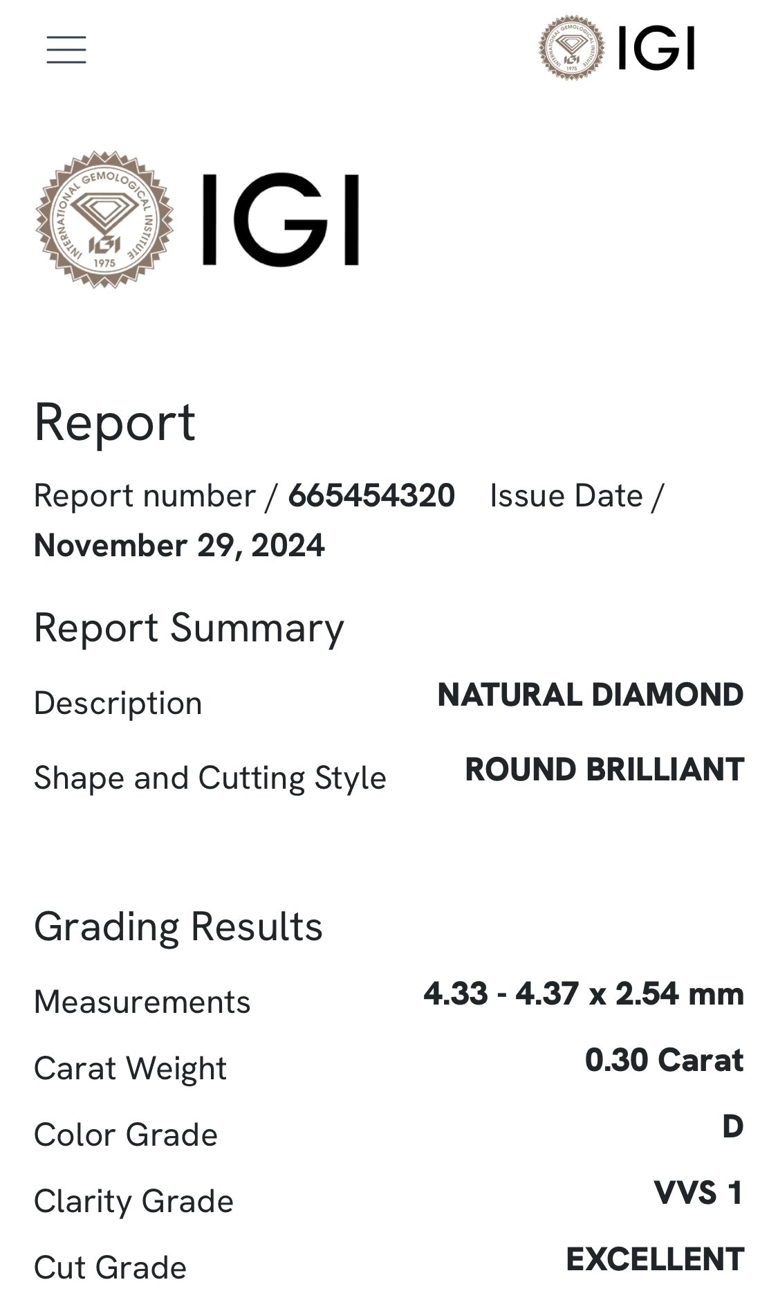Diamante 0,30 ct col. D  VVS1 certificato IGI