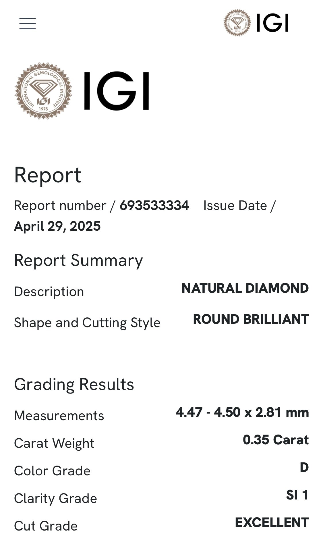 Diamante 0,35 ct col. D SI1 certificato IGI