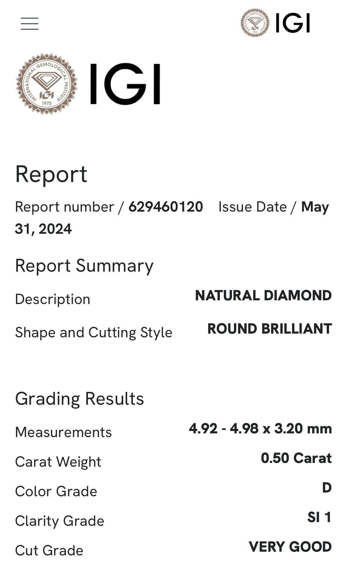 0.50 ct diamond, color D SI1, IGI certified