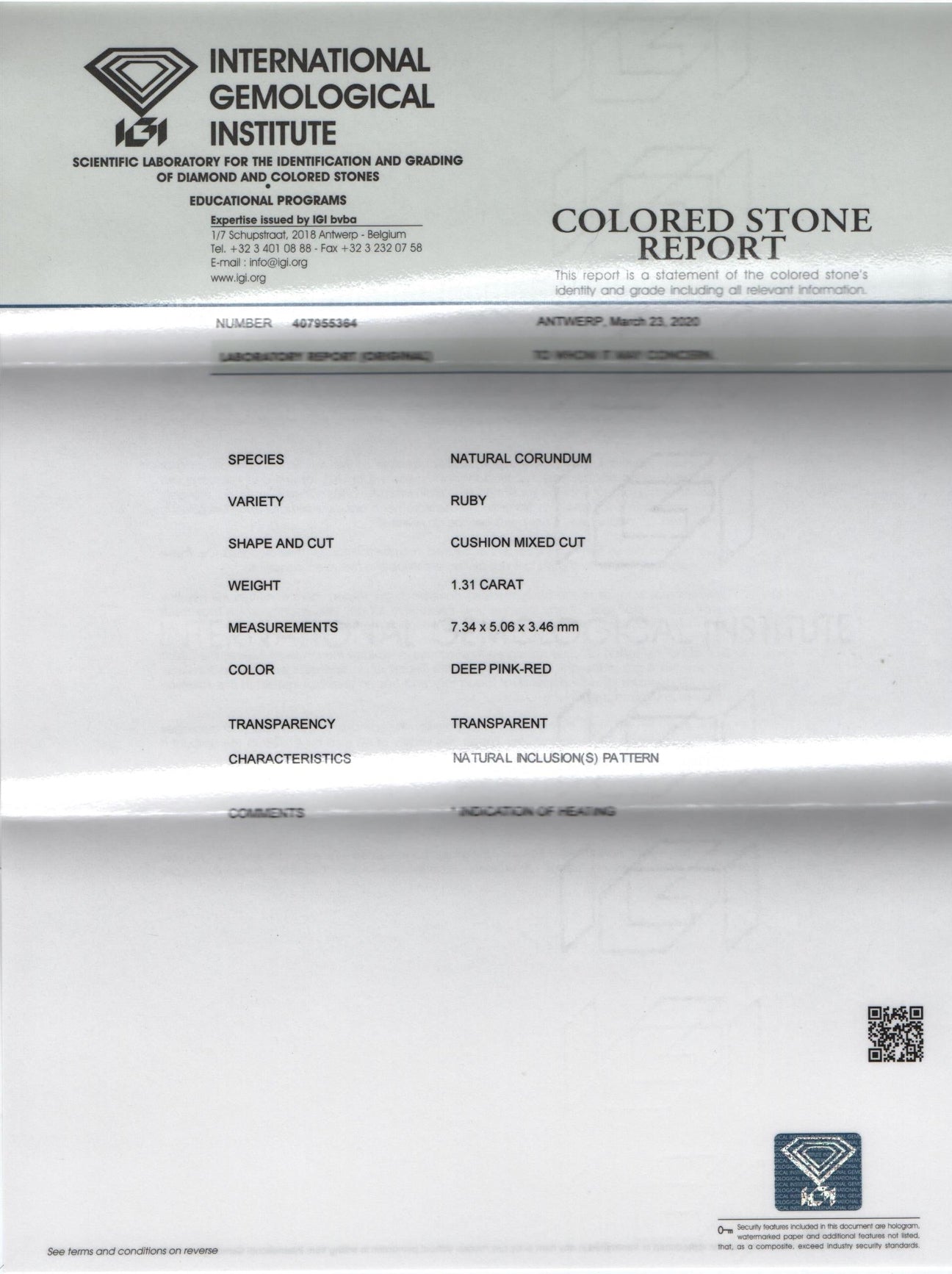 Rubino naturale - certificato IGI - 1,31 ct