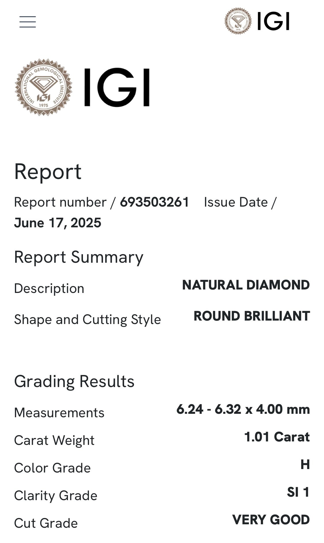 Diamante 1,01 ct col. H SI1 certificato IGI