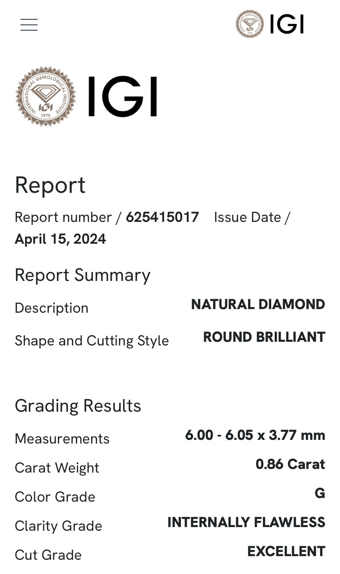 0.86 ct diamond, col. G IF, IGI certified