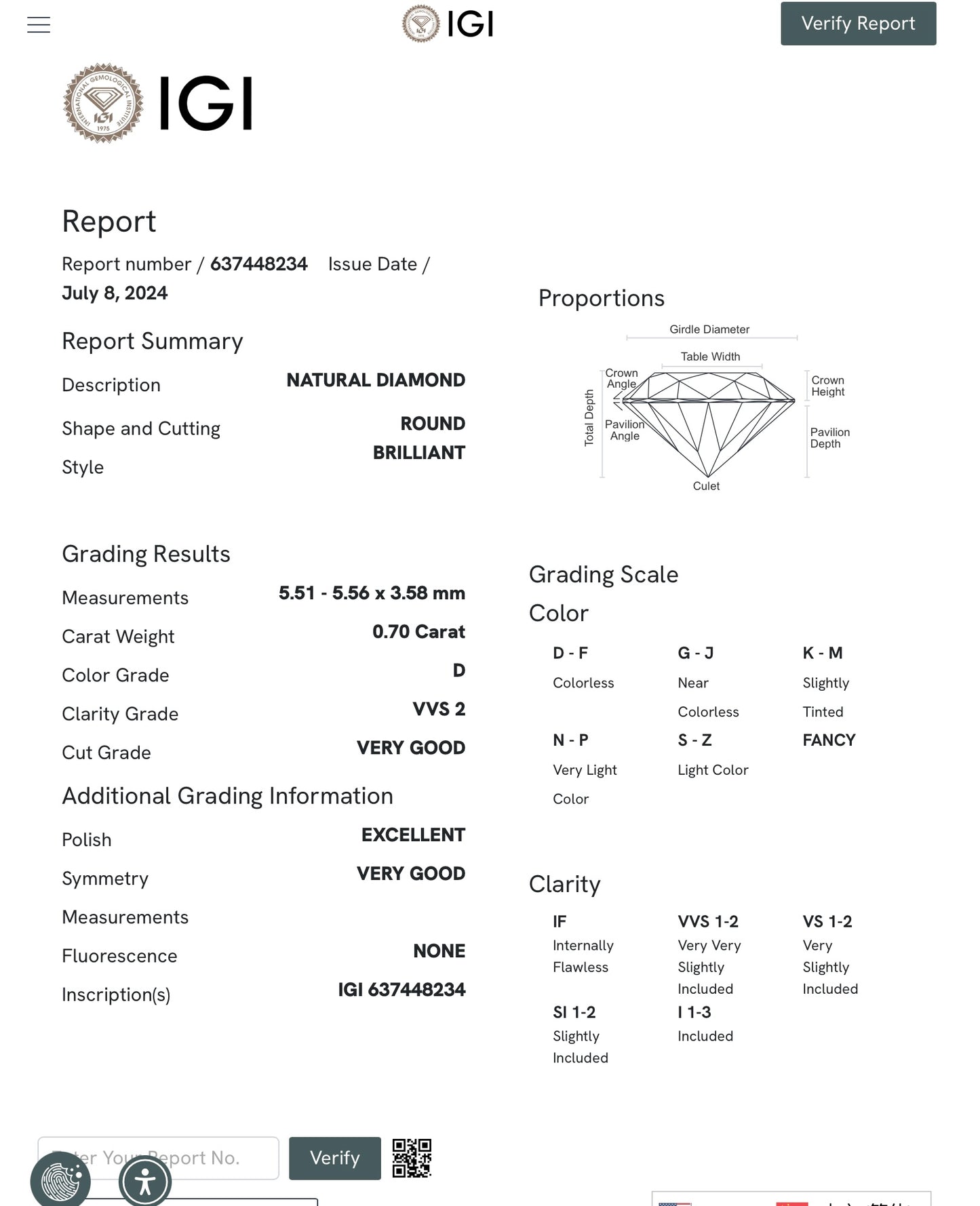 Diamante 0,70 ct col. D VVS2 certificato IGI