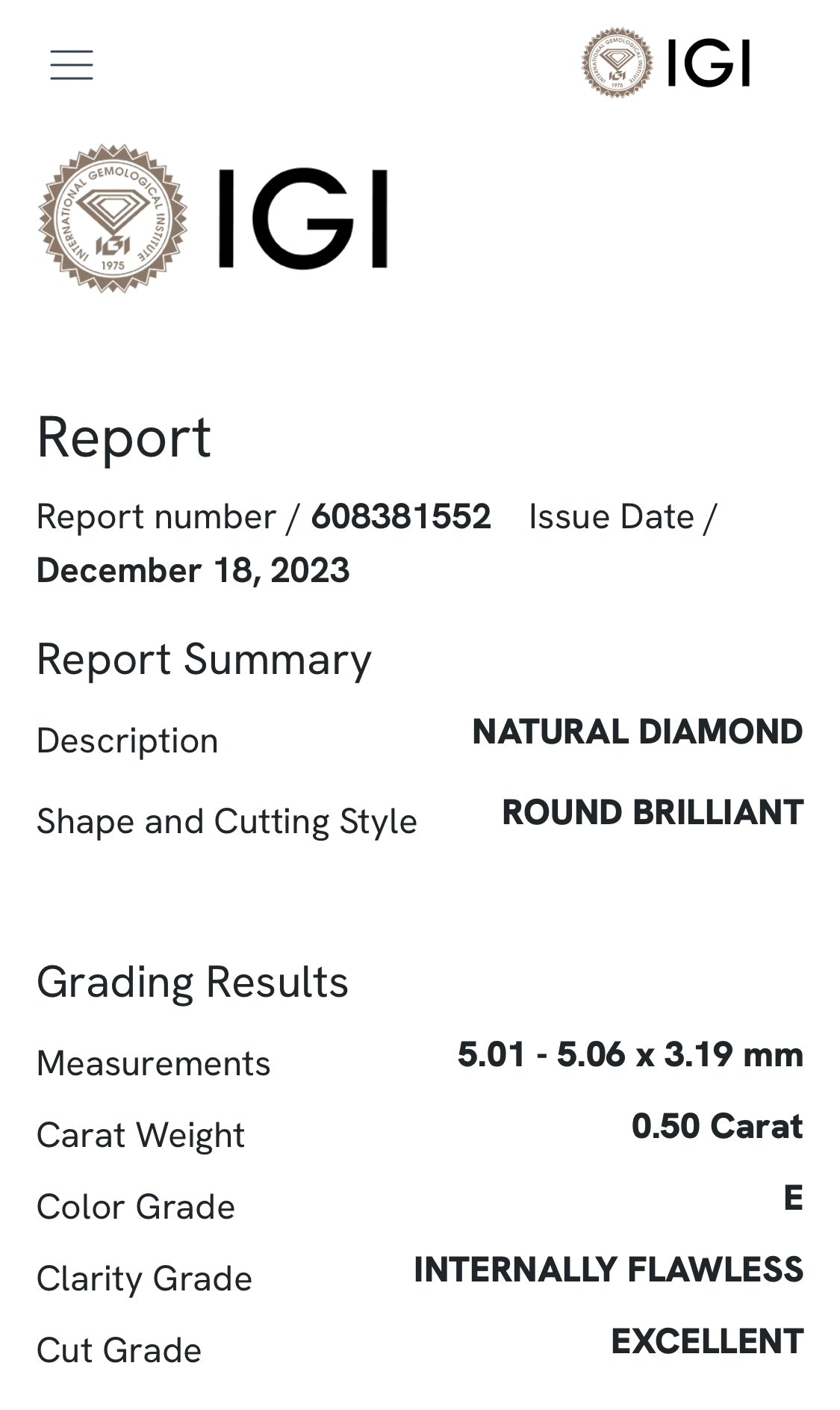 0.50 ct diamond, col. E IF, IGI certified