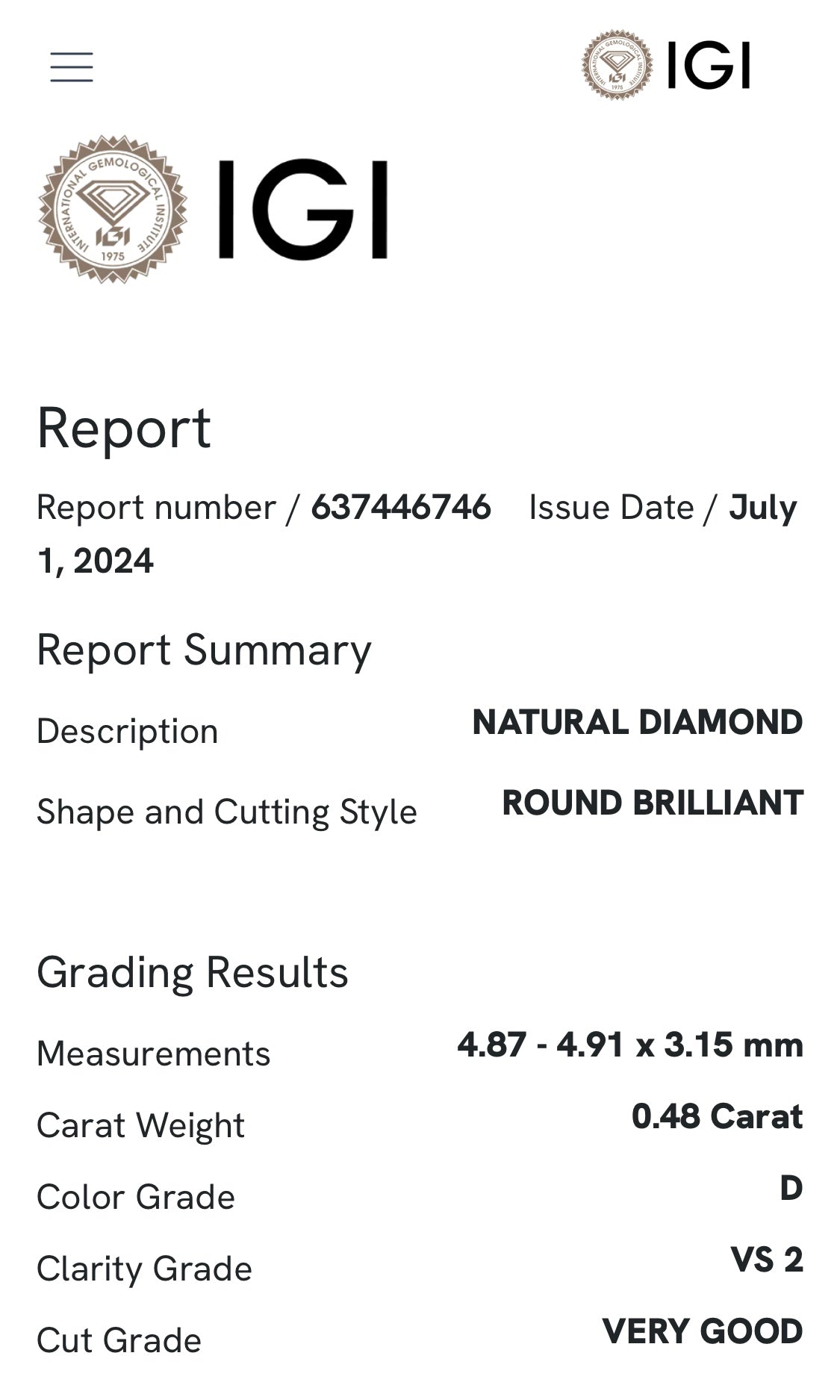 Diamante 0,48 ct col. D VS2 certificato IGI