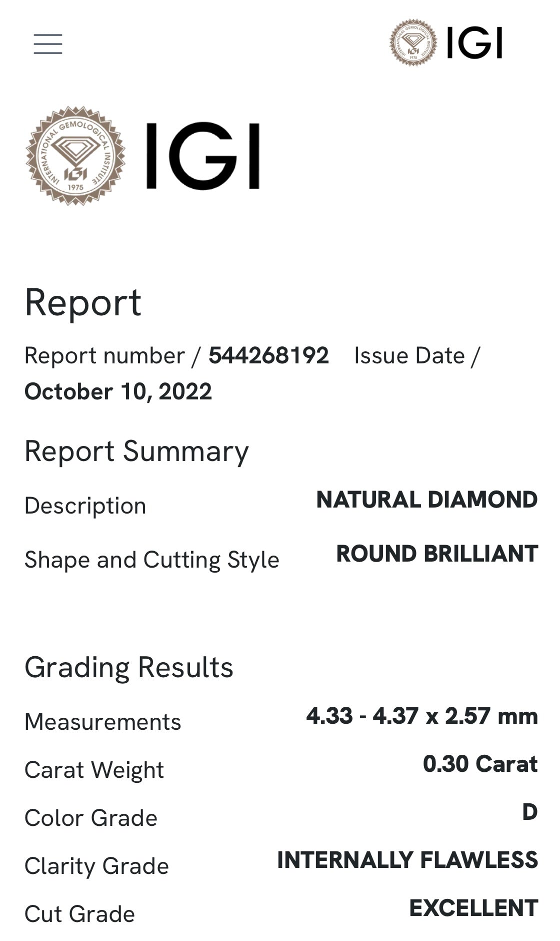 0.30 ct diamond, color D IF, IGI certified