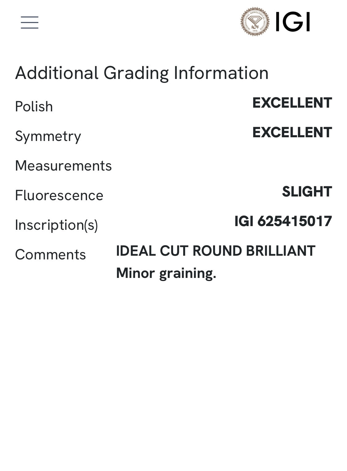 0.86 ct diamond, col. G IF, IGI certified