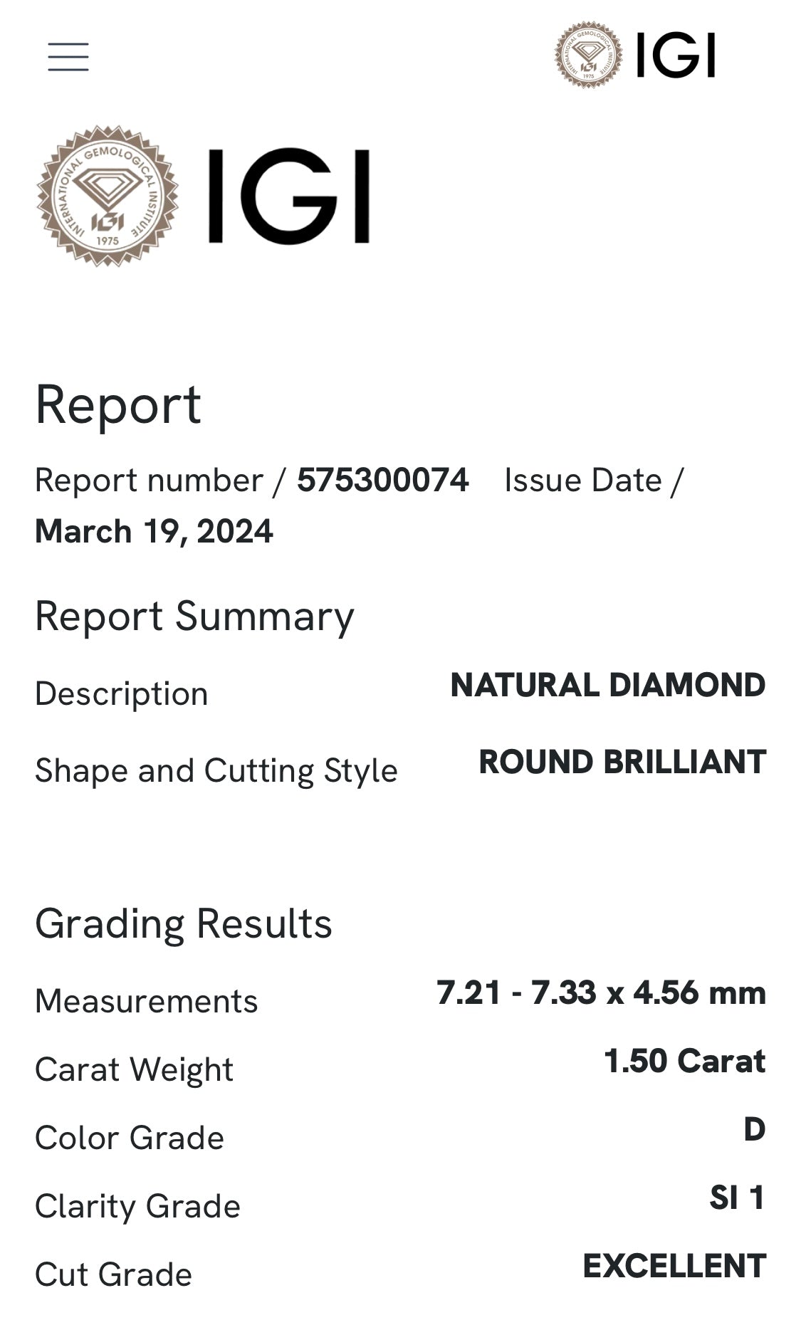 Diamante 1,50 ct col. D SI1 certificato IGI