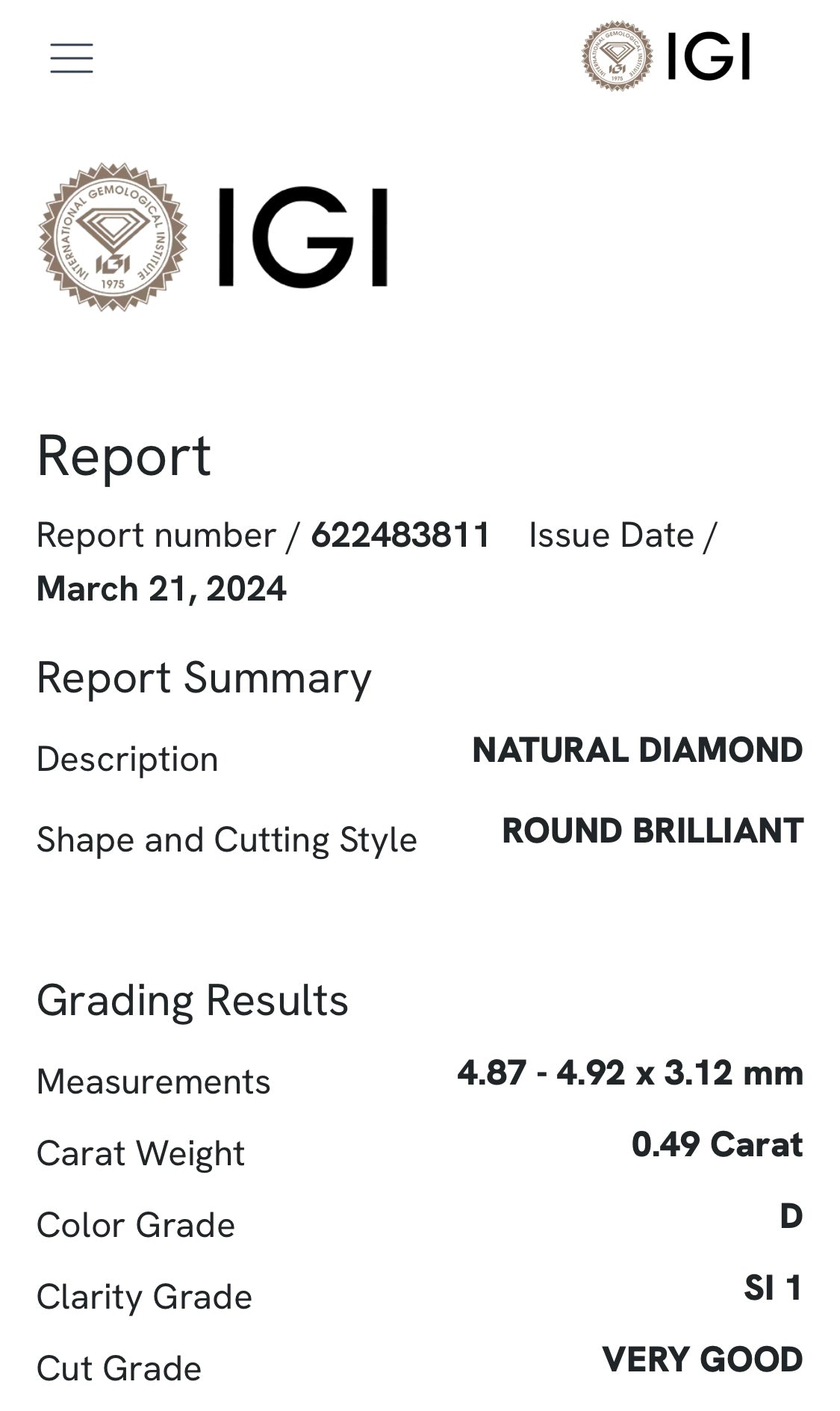 Diamante 0,49 ct col. D SI1 certificato IGI