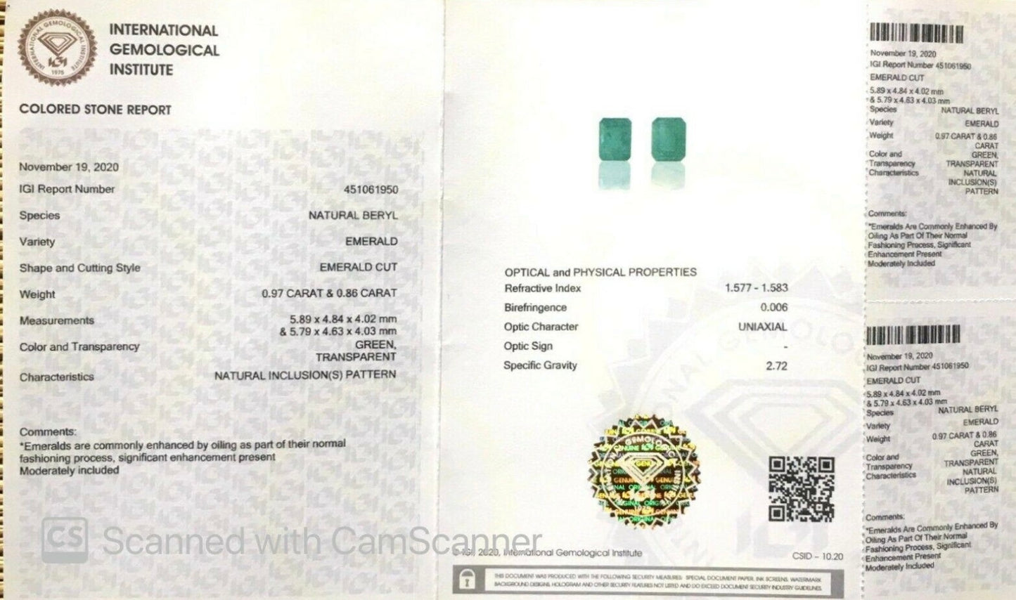 Smeraldo naturale - certificato IGI - 1,83 ct coppia