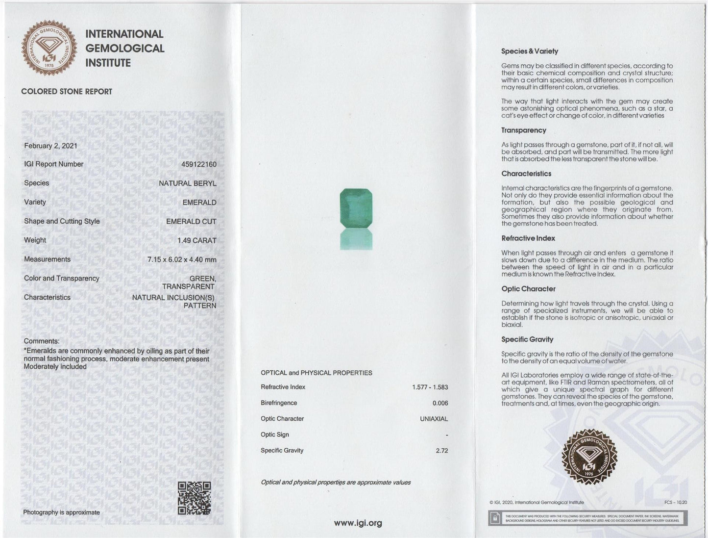 Smeraldo naturale - certificato IGI -  1,49 ct