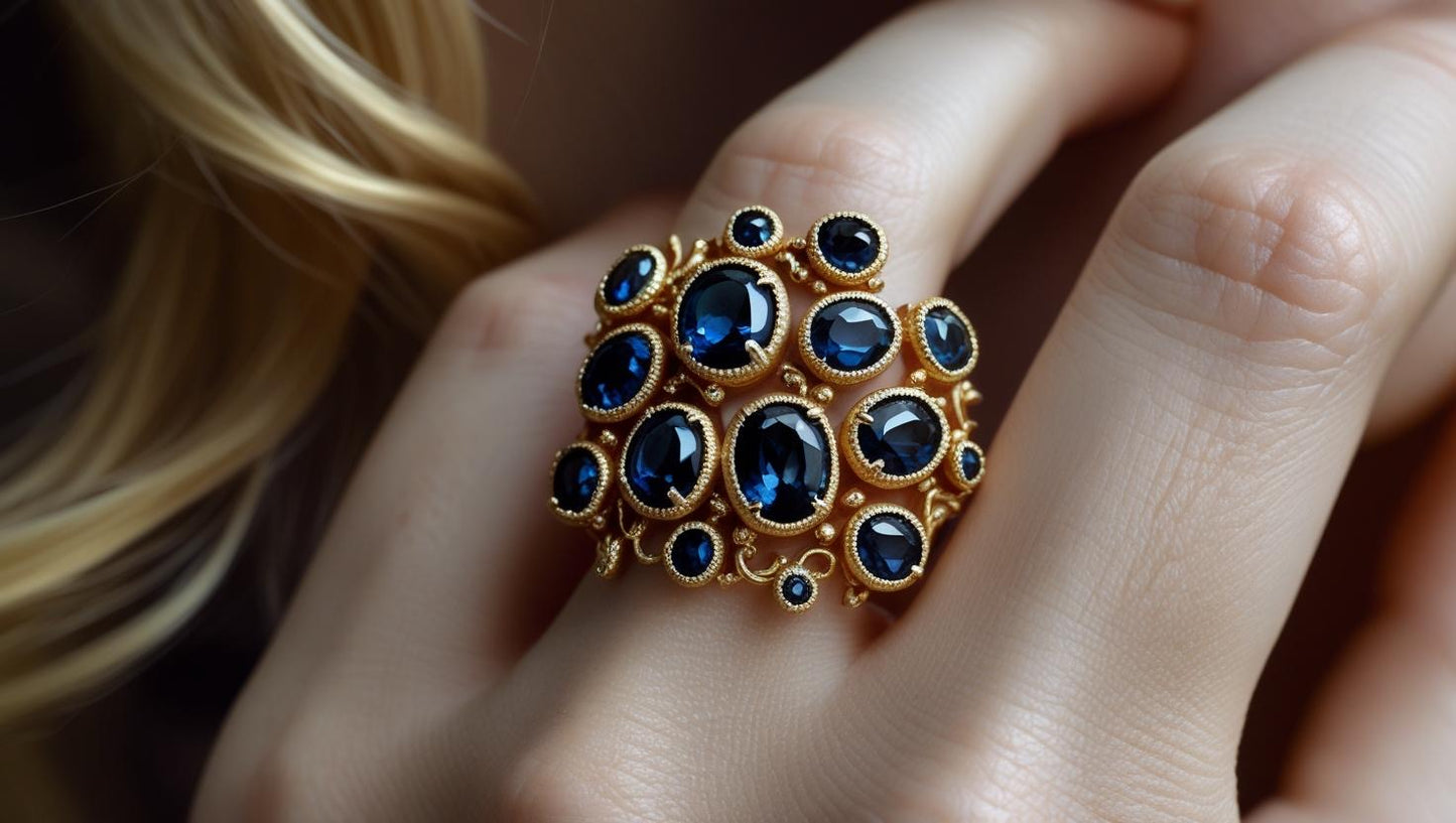 Anello barocco in oro con topazio London indossato – Gioielleria artigianale di alta gamma, collezione Gocce d’acqua – Worn baroque gold ring with London topaz – Handcrafted fine jewelry from the Gocce d’acqua collection