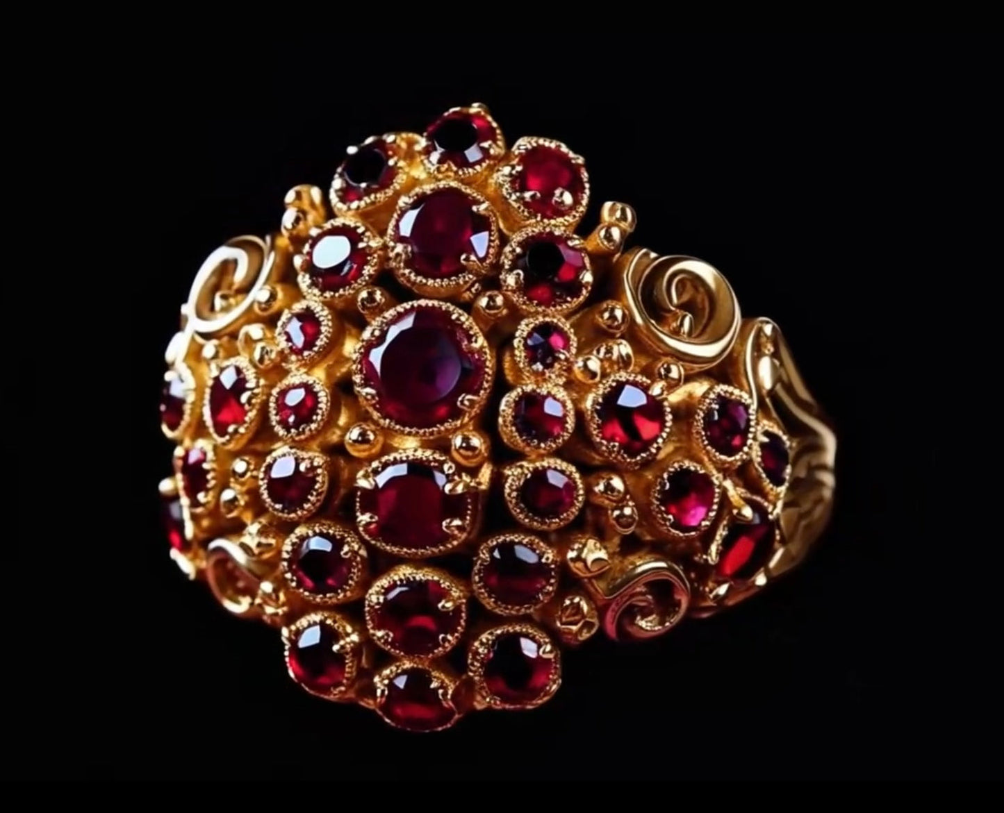 Anello Lucrezia in oro 750 giallo con tormaline rosse – Vista frontale, stile barocco scolpito a mano – Lucrezia ring in 18kt yellow gold with red tourmalines – Frontal view, hand-sculpted baroque style