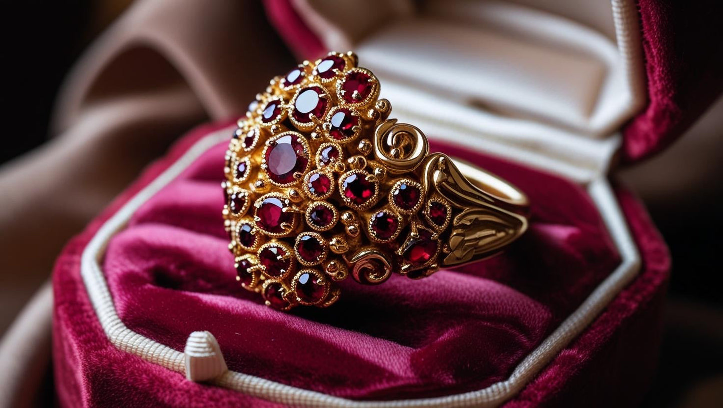 Vista laterale dell’anello Lucrezia in oro 750 giallo con tormaline rosse – Dettagli barocchi scolpiti a mano, collezione Segreti di Corte – Side view of the Lucrezia ring in 18kt yellow gold with red tourmalines – Hand-sculpted baroque details, Segreti di Corte collection