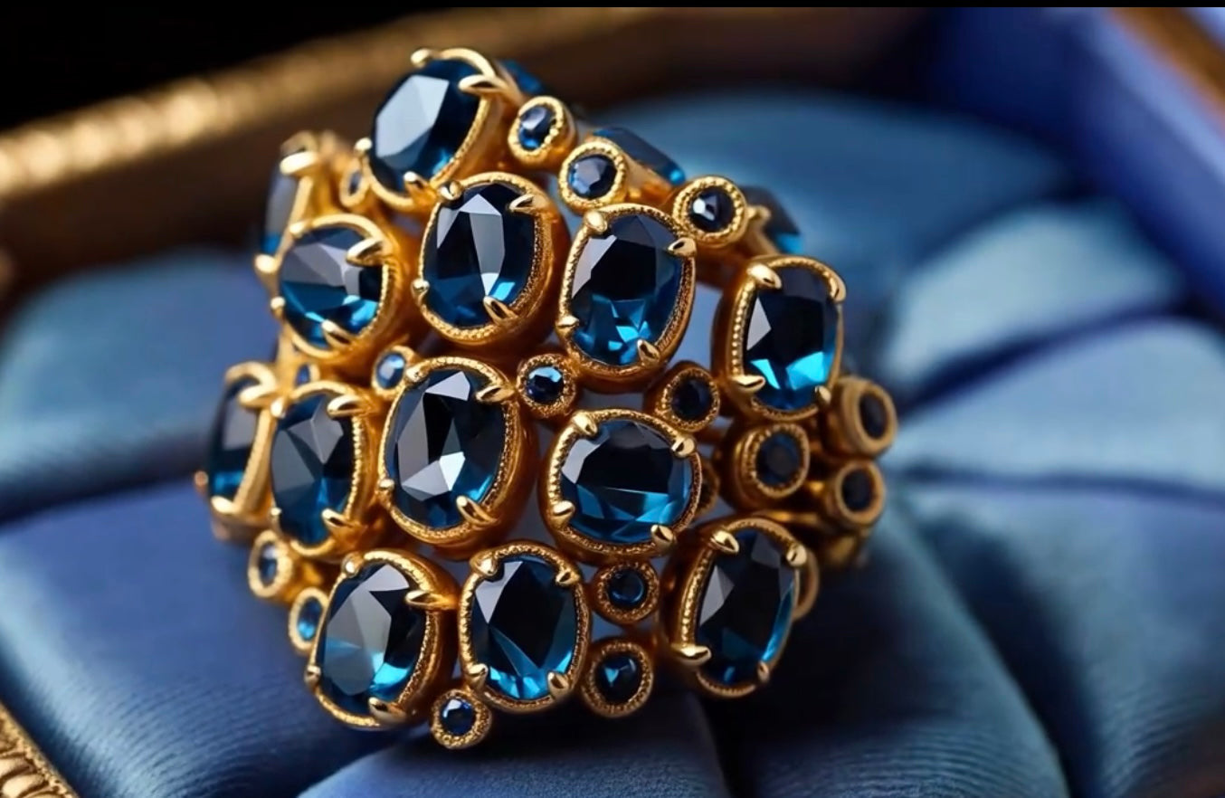 Side view of handcrafted baroque gold ring with London topaz – Fine jewelry from the Gocce d’acqua collection – Vista laterale di anello barocco in oro con topazio London – Gioielleria artigianale di alta gamma, collezione Gocce d’acqua