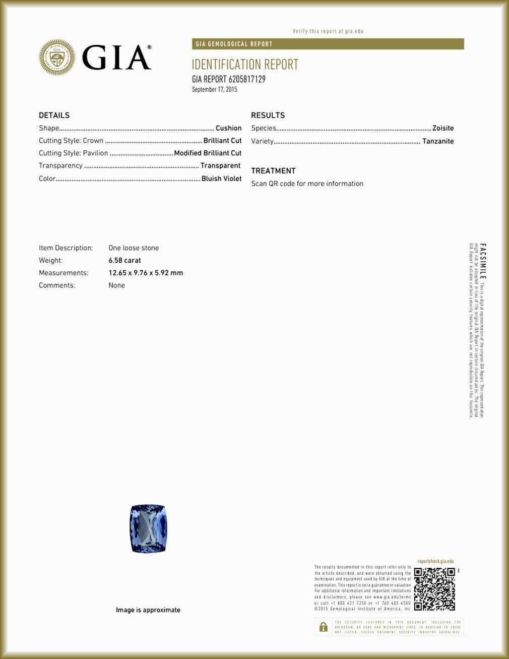 GIA certificate for natural 7 carat tanzanite gemstone