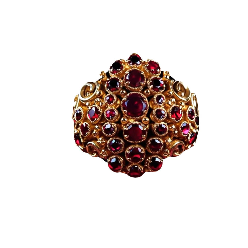 Baroque gold ring with red tourmalines – Lucrezia model, handcrafted in 18kt yellow gold – Anello barocco con tormaline rosse, modello Lucrezia in oro 750 giallo – Gioielleria artigianale, collezione Segreti di Corte