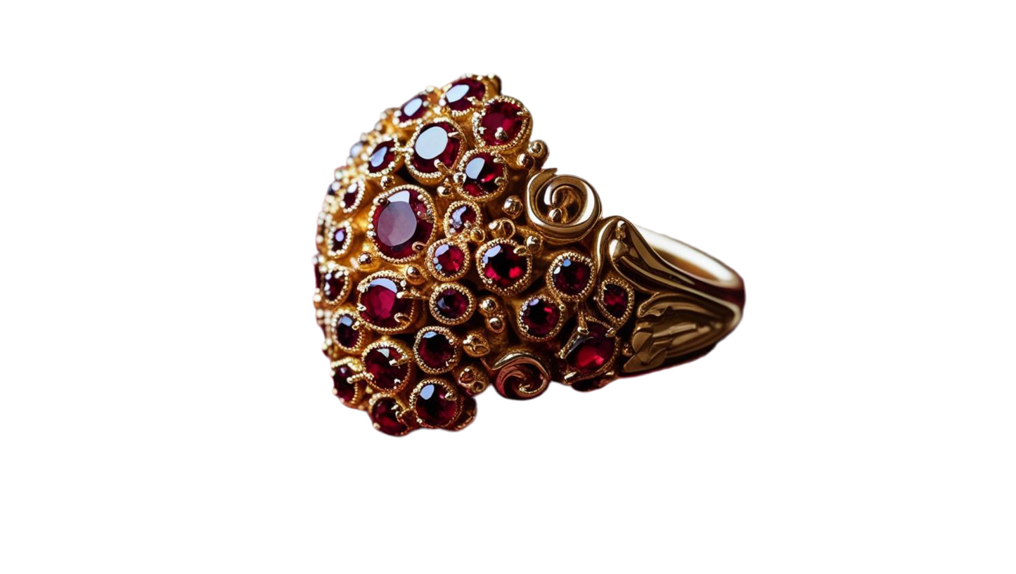 Side view of the Lucrezia ring in 18kt yellow gold with red tourmalines – Baroque sculpted details – Vista laterale dell’anello Lucrezia in oro 750 giallo con tormaline rosse – Dettagli scolpiti in stile barocco