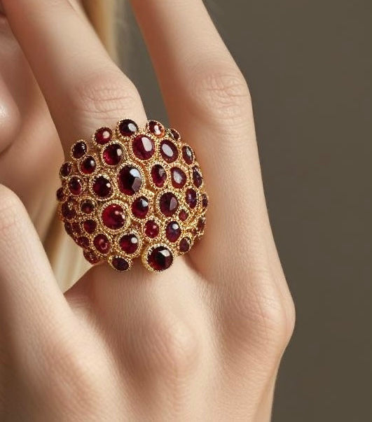 Lucrezia ring worn – Baroque gold ring with red tourmalines – Handcrafted fine jewelry, Segreti di Corte collection – Anello Lucrezia indossato – Oro 750 giallo con tormaline rosse – Gioielleria barocca artigianale, collezione Segreti di Corte