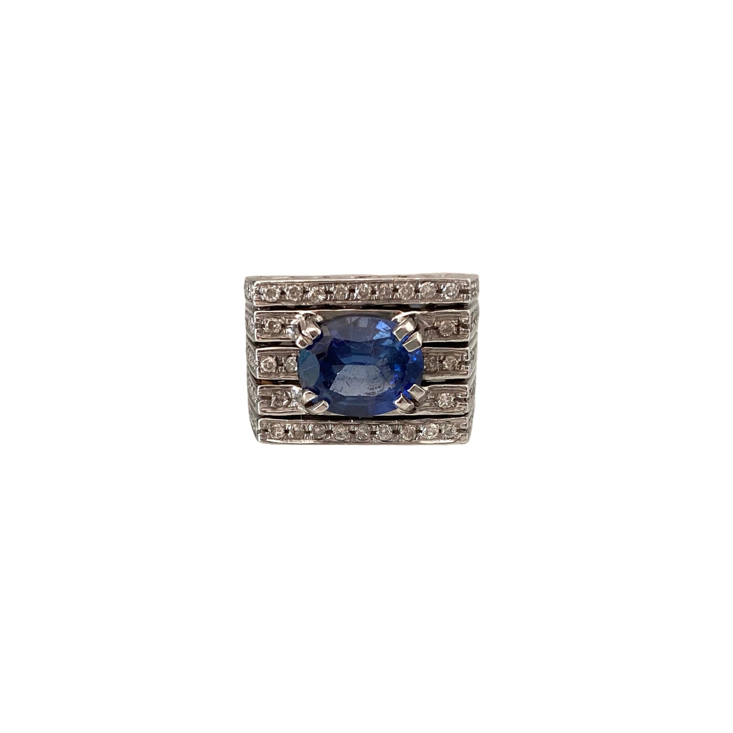 18k gold ring with natural sapphire and diamonds, architectural design, Made in Italy fine jewelry