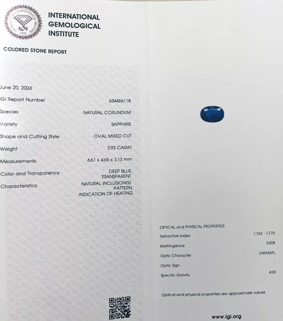 Zaffiro blu naturale 1 carato, certificato IGI, gemma preziosa per alta gioielleria Made in Italy