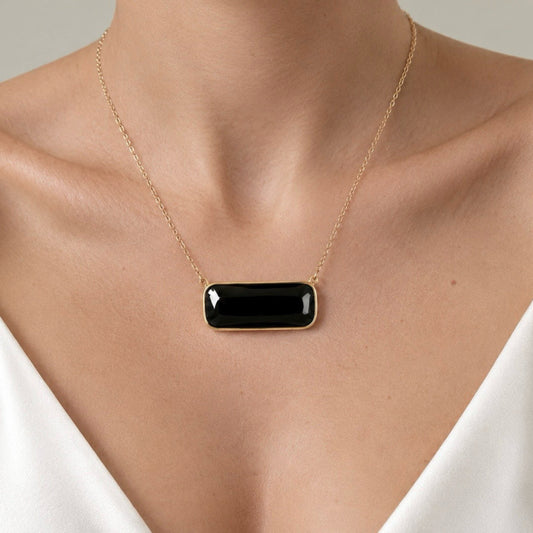 Gold Pendant Necklace 18k Notte Mediterranea statement model with central black onyx gemstone, bold geometric frame. Italian High Jewelry Made in Italy Carlotta di Montefalco
