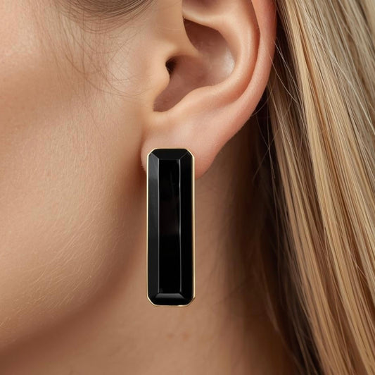 Black onyx statement earrings 18k gold Notte Mediterranea model with geometric design. Italian High Jewelry Made in Italy Carlotta di Montefalco
