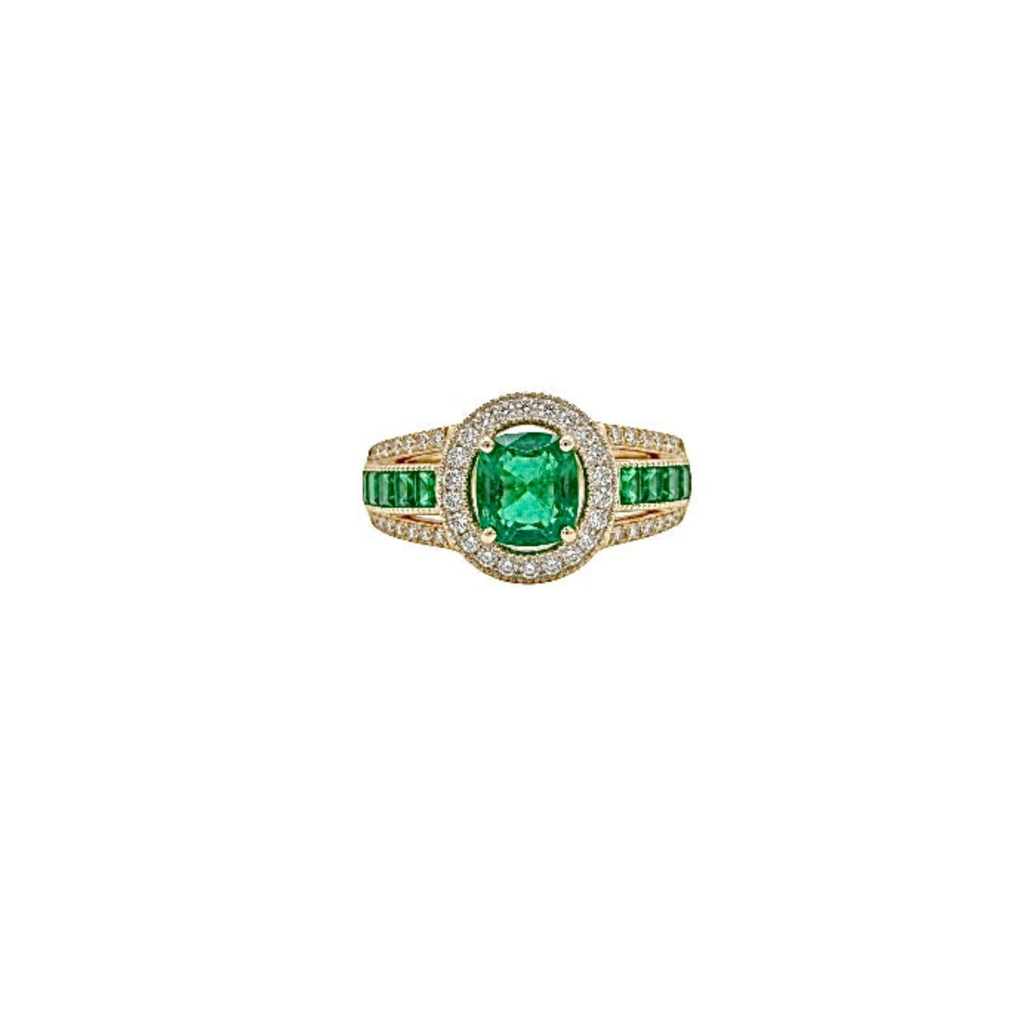 18k gold ring with cushion cut emerald and diamonds by Carlotta di Montefalco
