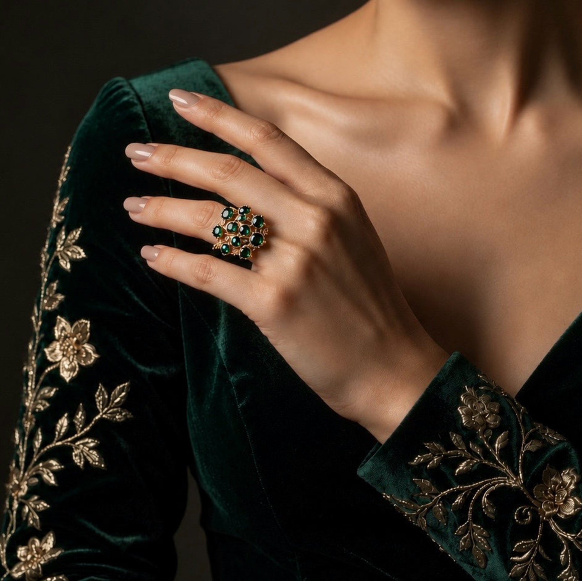 18k gold ring with green tourmalines, side view, from the Specchi d'Acqua model, Segreti di Corte collection by Carlotta di Montefalco
