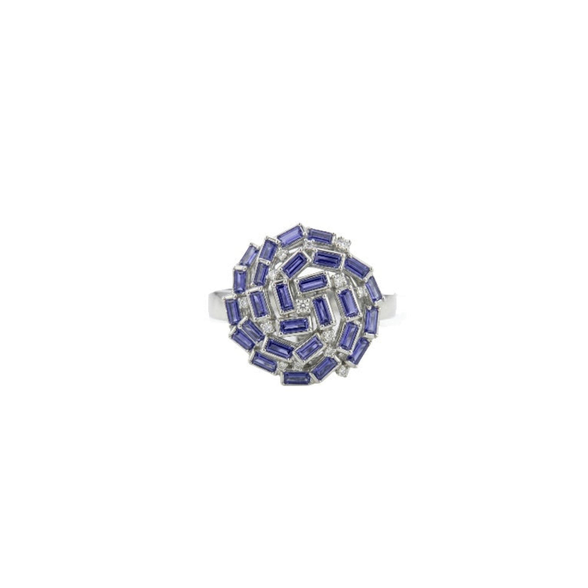 18k white gold tanzanite and diamond baguette cocktail ring — Carlotta di Montefalco high jewelry
