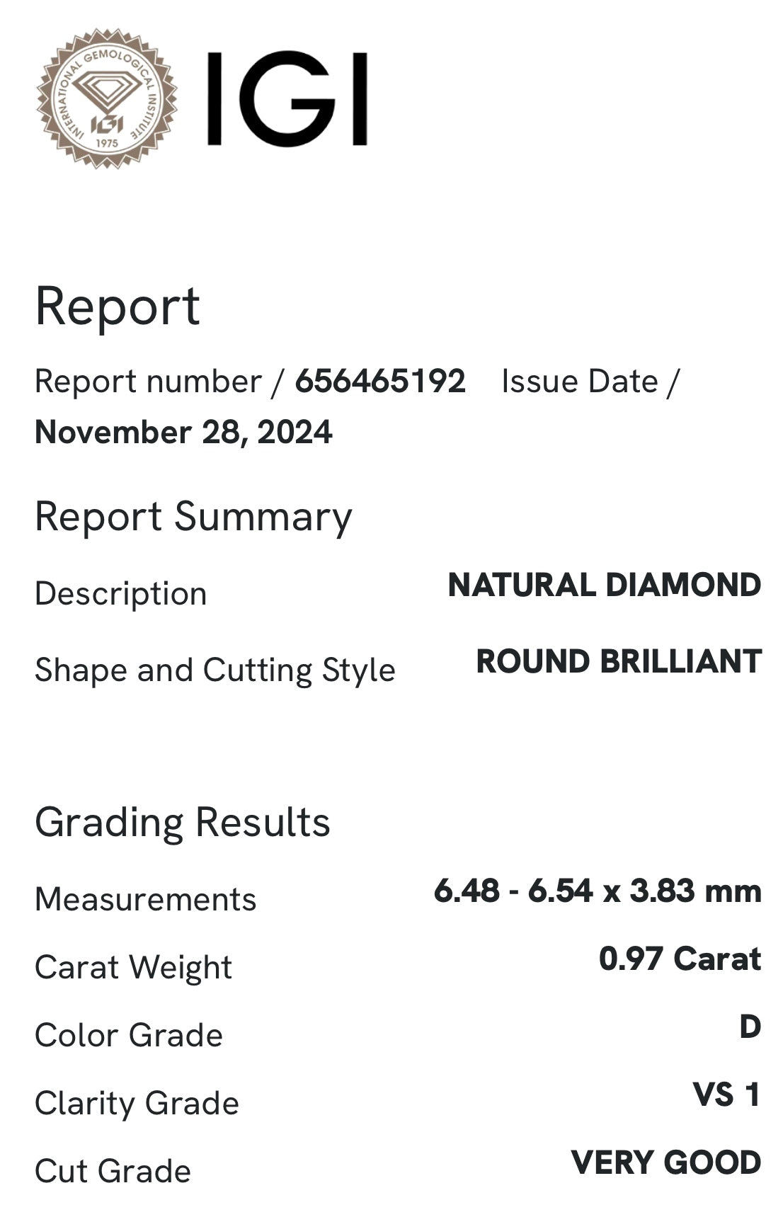 Diamante 0,97 ct col. D  VS1 certificato IGI