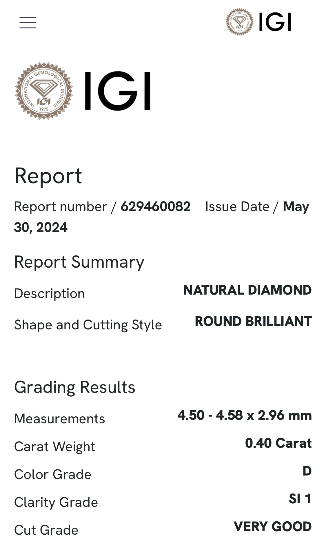 0.40 ct diamond, color D SI1, IGI certified