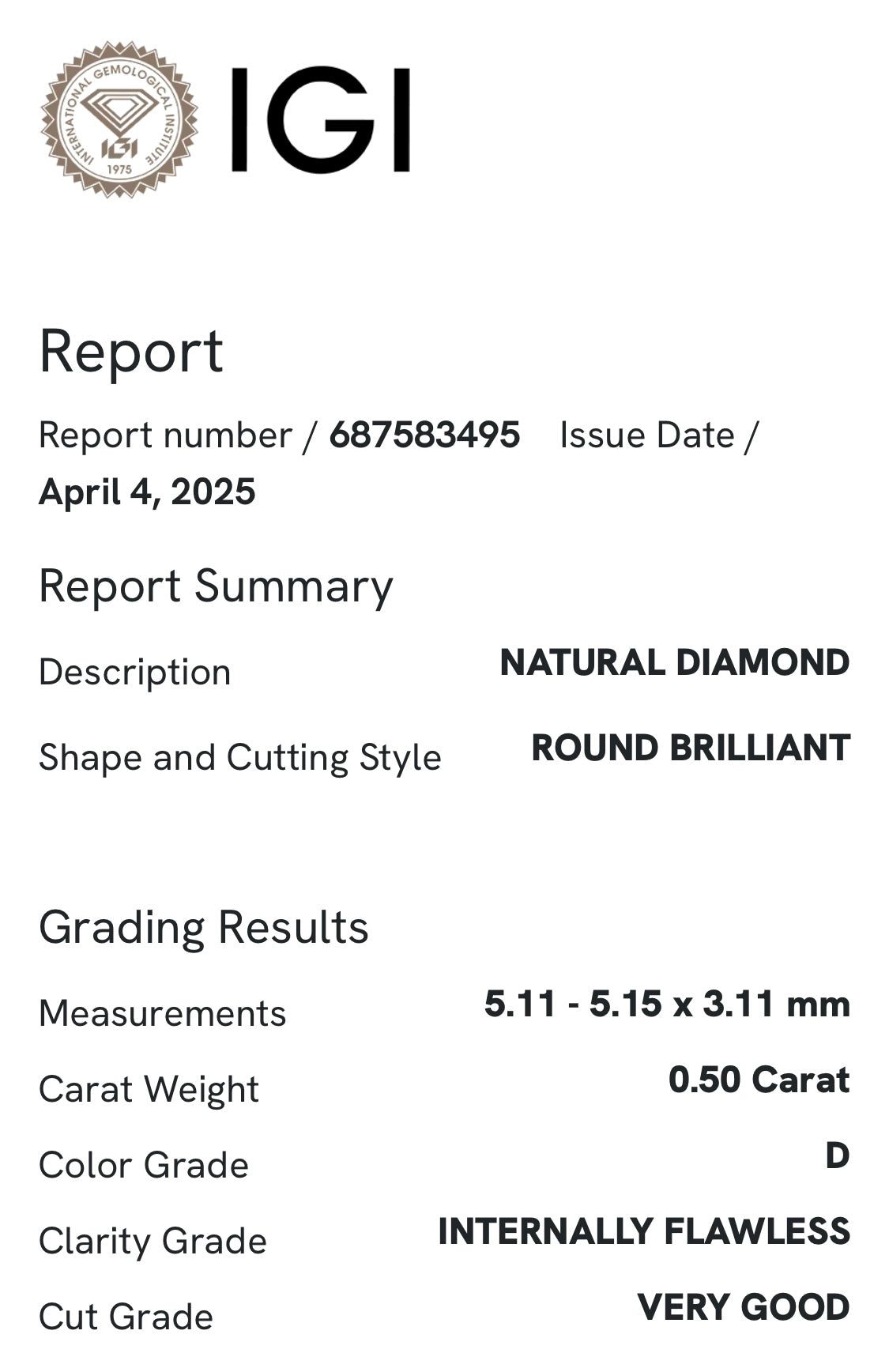 Diamante 0,50 ct col. D IF certificato IGI