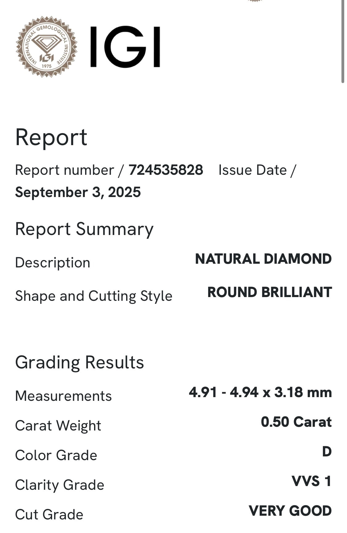 Diamante 0,50 ct col. D  VVS1 certificato IGI