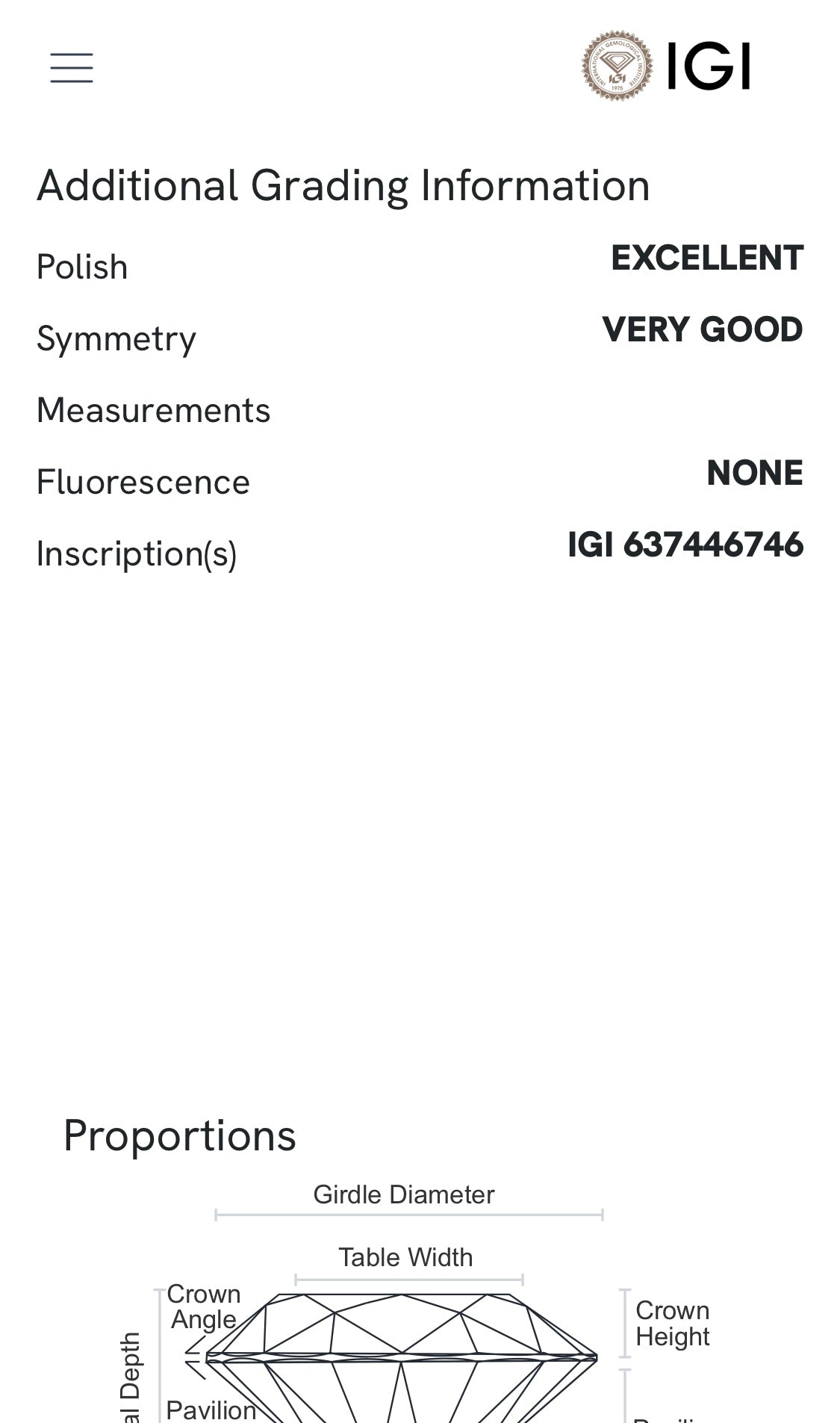 0.48 ct diamond, color D VS2, IGI certified