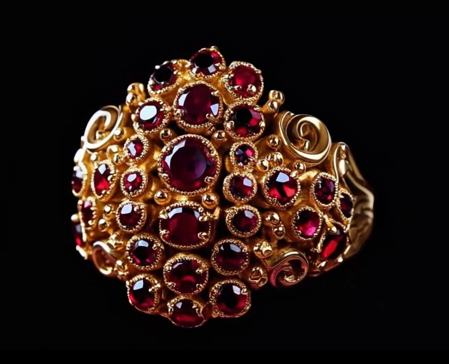 Anello Lucrezia in oro 750 giallo con tormaline rosse – Vista frontale, stile barocco scolpito a mano – Lucrezia ring in 18kt yellow gold with red tourmalines – Frontal view, hand-sculpted baroque style