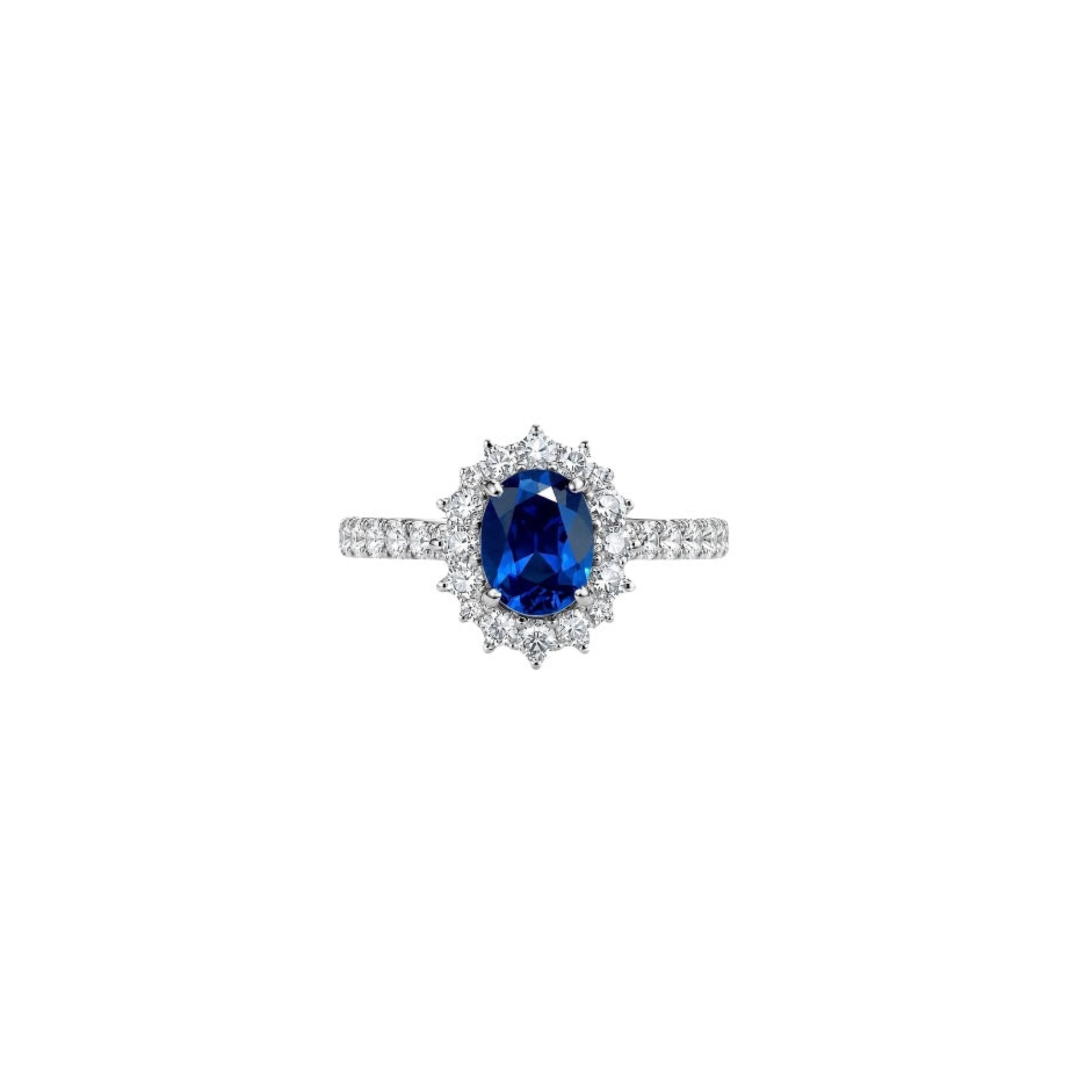 18k white gold ring with oval blue sapphire, diamond halo and pavé band, Carlotta di Montefalco high jewelry
