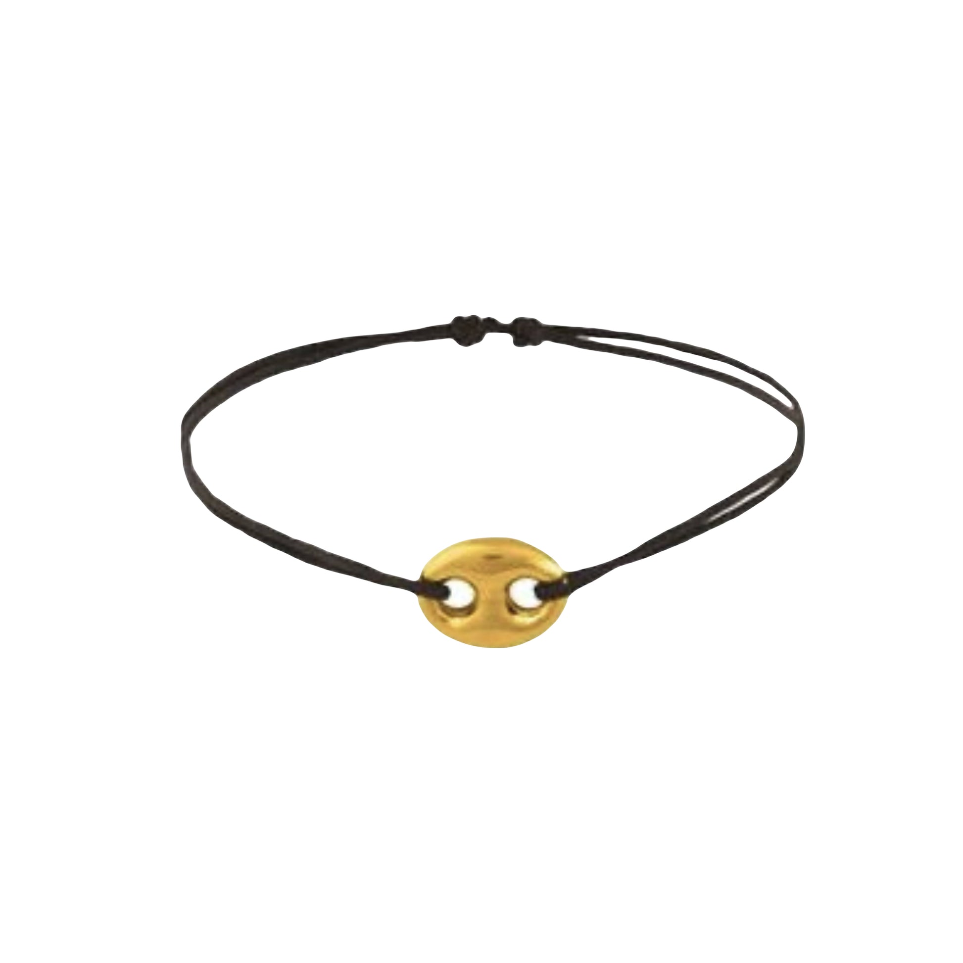 18k gold Mariner Noir bracelet on black cord, white background – Carlotta di Montefalco