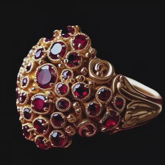 Anello Lucrezia in oro 750 giallo con tormaline rosse – Video rotazione 360°, gioielleria barocca artigianale – Collezione Segreti di Corte – Lucrezia ring in 18kt yellow gold with red tourmalines – 360° rotating view, handcrafted baroque jewelry – Segreti di Corte collection