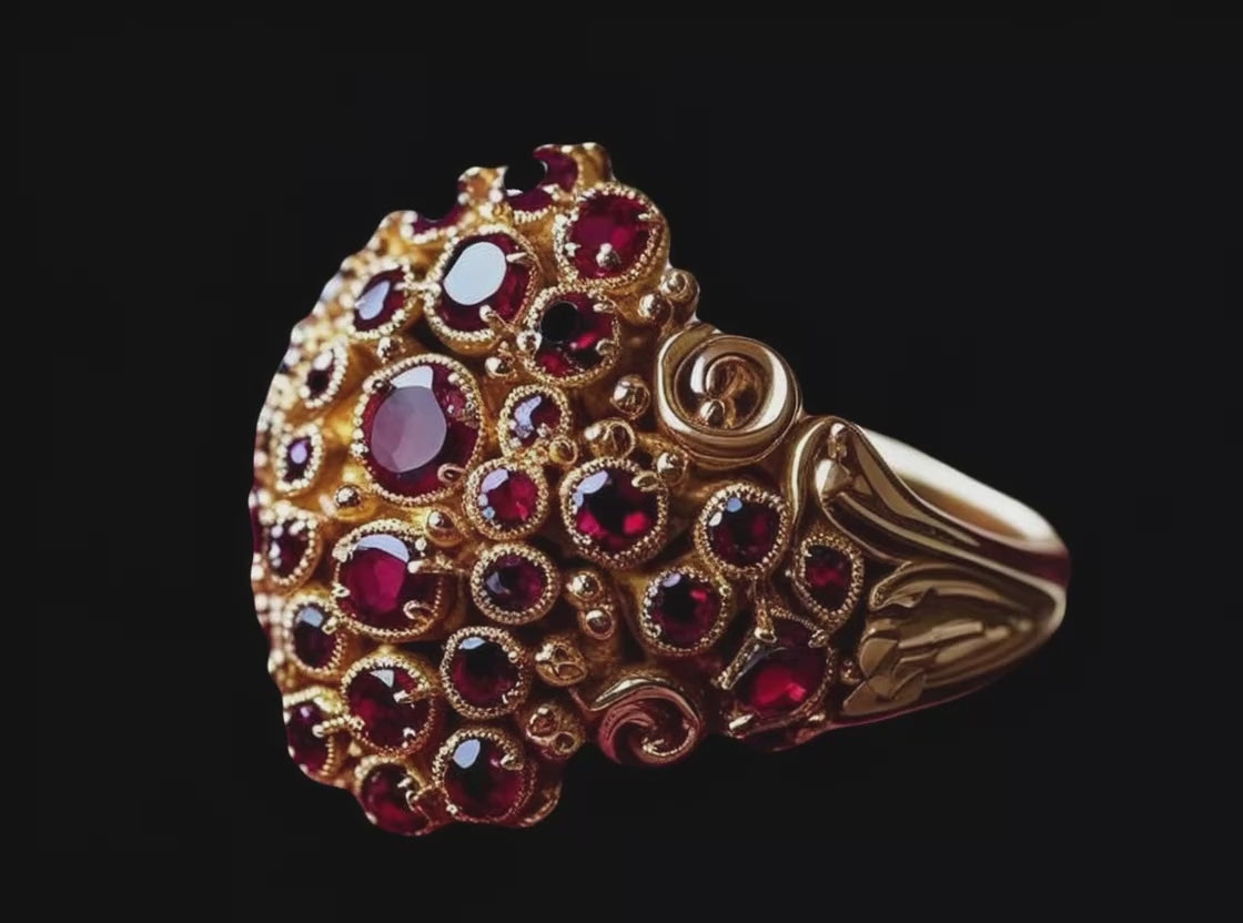 Anello Lucrezia in oro 750 giallo con tormaline rosse – Video rotazione 360°, gioielleria barocca artigianale – Collezione Segreti di Corte – Lucrezia ring in 18kt yellow gold with red tourmalines – 360° rotating view, handcrafted baroque jewelry – Segreti di Corte collection