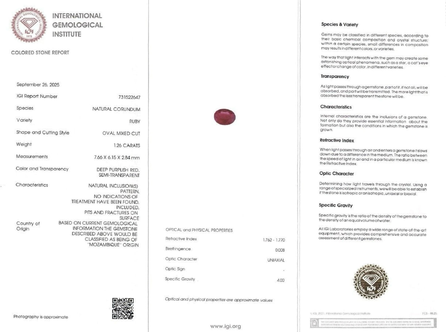 Rubino naturale in blister certificato IGI per anello