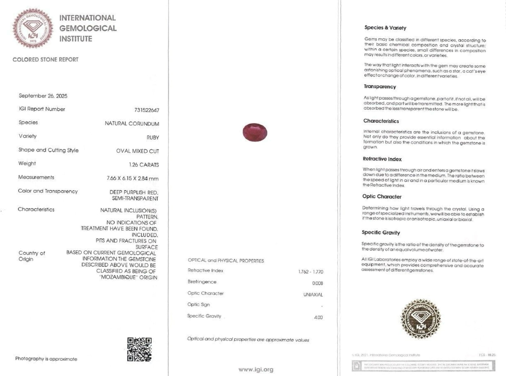 Rubino naturale in blister certificato IGI per anello