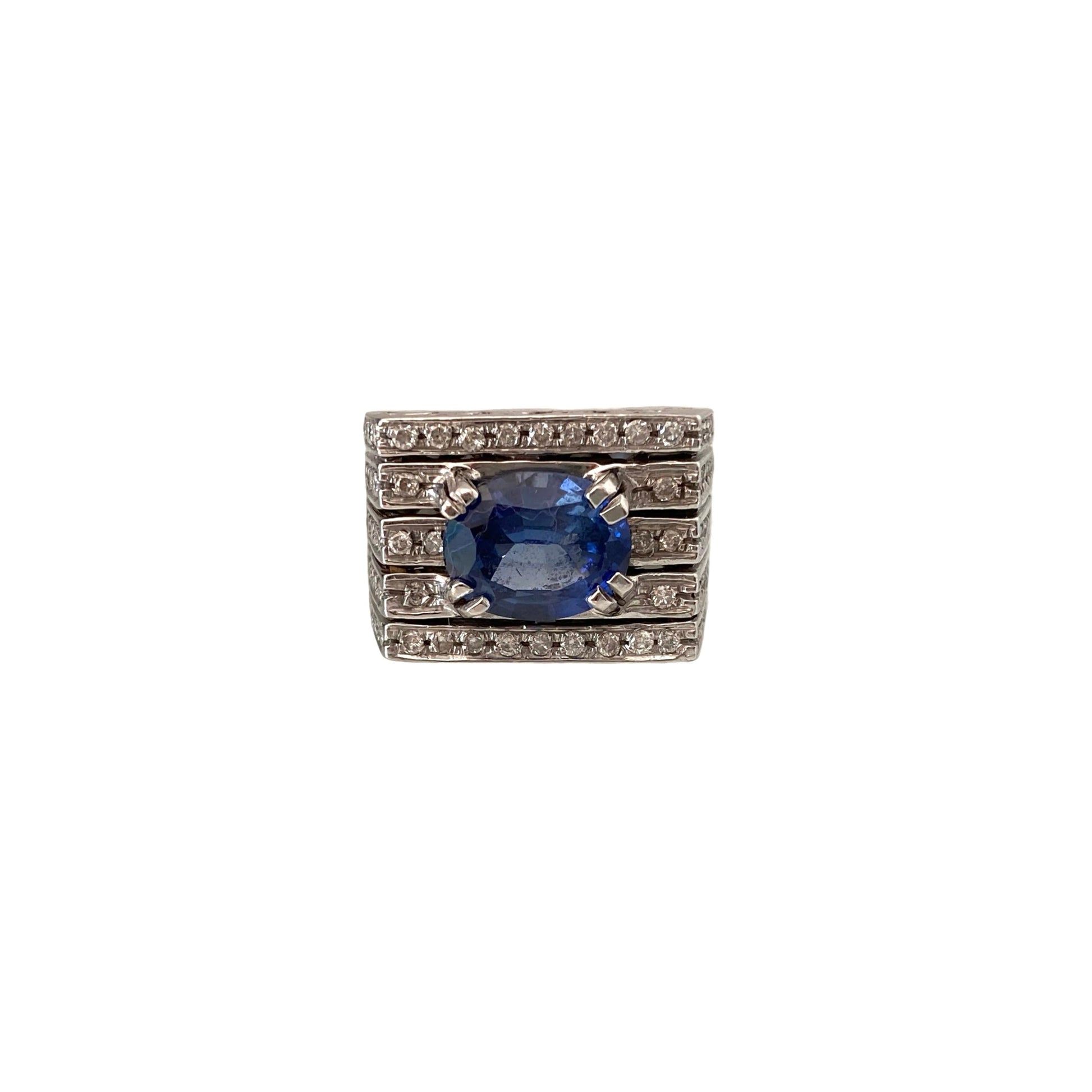 18k gold ring with natural sapphire and diamonds, architectural design, Made in Italy fine jewelry