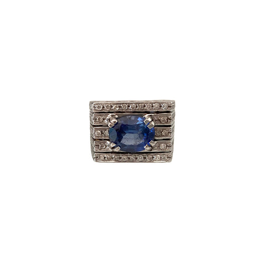 18k gold ring with natural sapphire and diamonds, architectural design, Made in Italy fine jewelry